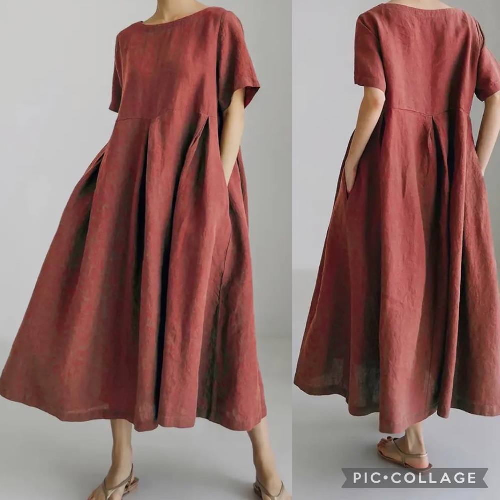 New Linen Cotton Crew Neck With Pocket Loose Dress Short Sleeve Solid Terracotta